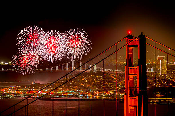 di fuoco d " artificio a san francisco, california - san francisco bay area golden gate bridge night bridge foto e immagini stock