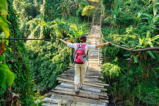 istock Woman with backpack on suspension bridge in rainforest 509185964