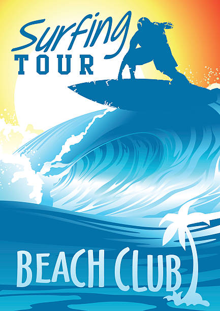 Surfing Tour Beach Club with surfer on wave Surfing Tour Beach Club with surfer on wave . 1983 stock illustrations