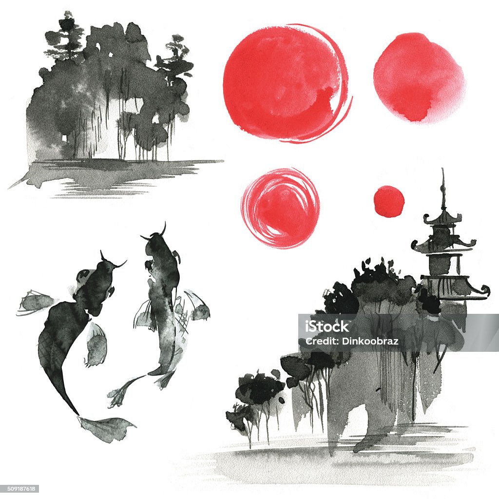 Handgezeichnet Tinte Sumi-e - Elemente :  Landskype, Sonne, Tempel, Fich. Ja - Lizenzfrei Japan Stock-Illustration