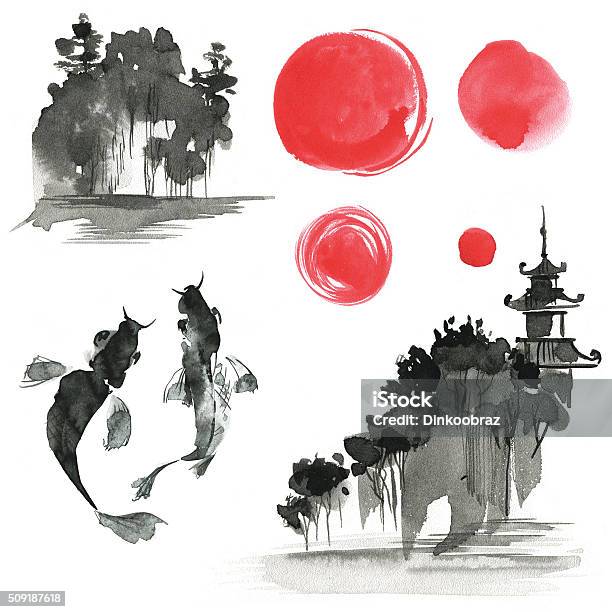 Handgezeichnet Tinte Sumie Elemente Landskype Sonne Tempel Fich Ja Stock Vektor Art und mehr Bilder von Japan
