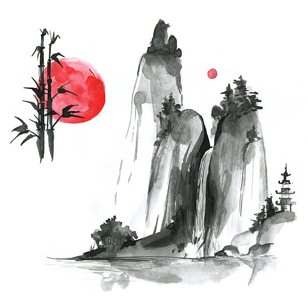 handgezeichnet tinte sumi-e - elemente :  landskype, sonne, bambus. japan-tr - sun temple stock-grafiken, -clipart, -cartoons und -symbole