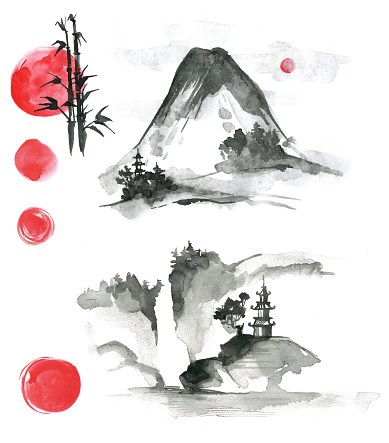 Hand drawn ink sumi-e elements: landskype, sun, temple, bamboo, Fuji. Japan traditional minimalistic style.