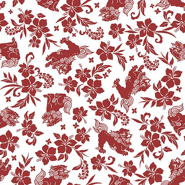 Vector illustration of Tropical flower Orient lion pattern