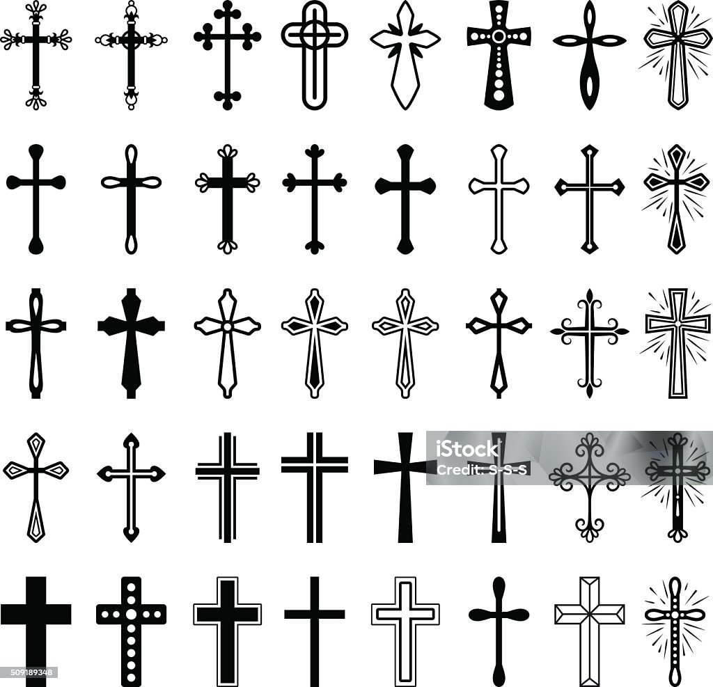Christian cross icons set Christian cross icons. Vector line black christian cross set on white background Religious Cross stock vector