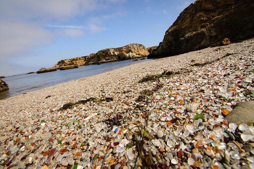 Glass Trash is washed by waves and polished to create a beach of polished glass. Glass beach state park california.