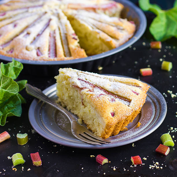 Piece of Rhubarb cake on dark background