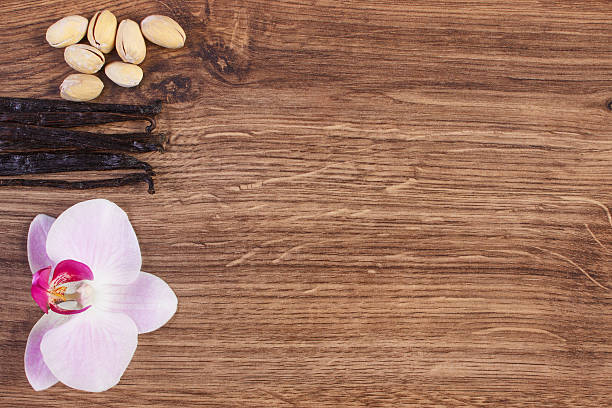 istock Pistachio nuts, blooming orchid and fragrant vanilla sticks, cosmetic ingredients 509192228