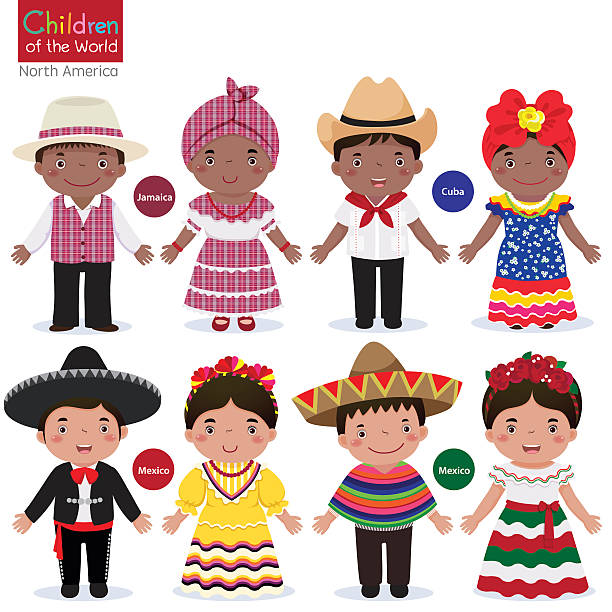 illustrazioni stock, clip art, cartoni animati e icone di tendenza di bambini con i costumi tradizionali-giamaica-cuba-messico - sombrero hat mexican culture isolated