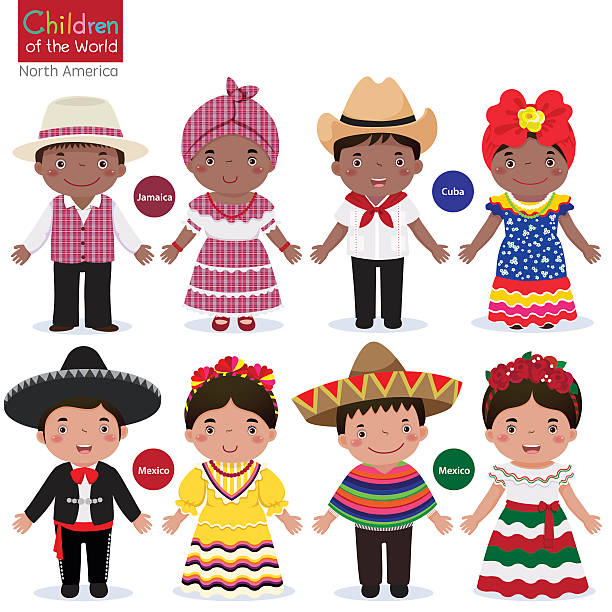Kids in traditional costume-Jamaica-Cuba-Mexico vector art illustration