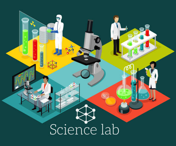 наука лаборатория isomatric дизайн на плоской подошве - laboratory equipment biology biotechnology chemical stock illustrations