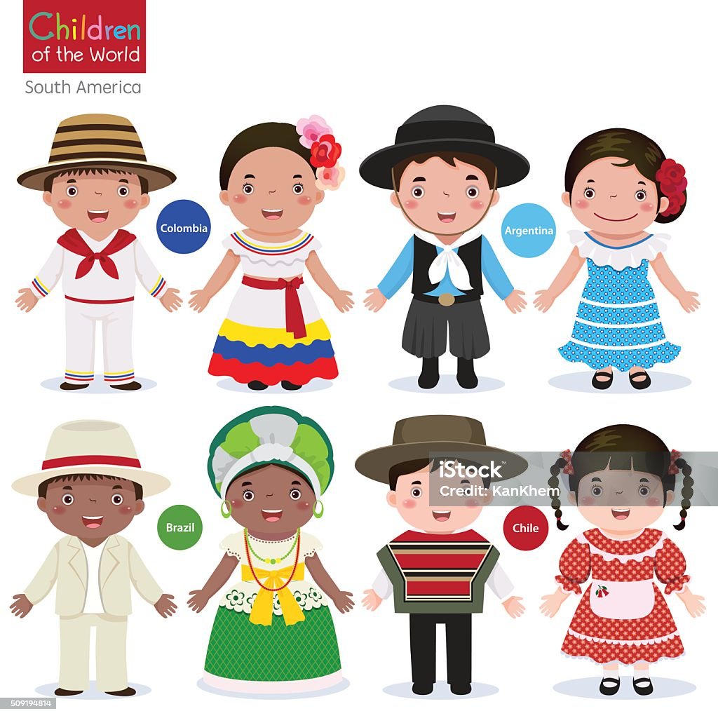 아이들 다양한 전통 의상 콜롬비아 아르헨티나 브라질 칠레 칠레에 대한 스톡 벡터 아트 및 기타 이미지 - 칠레, 바이아 주, 사람들 -  Istock