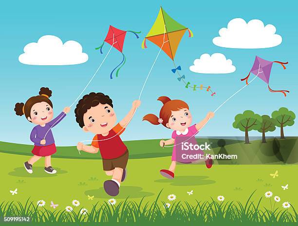 Ilustración de Tres Niños Volando Cometas En El Parque y más Vectores de Derechos de - Niño, Cometa - Juguete, Jugar - iStock