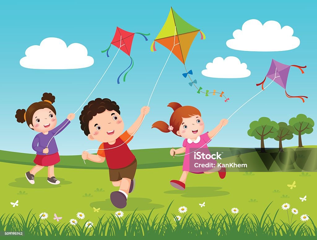Three kids flying kites in the park - Royaltyfri Barn vektorgrafik