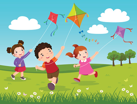 Vector Illustration of three kids flying kites in the park