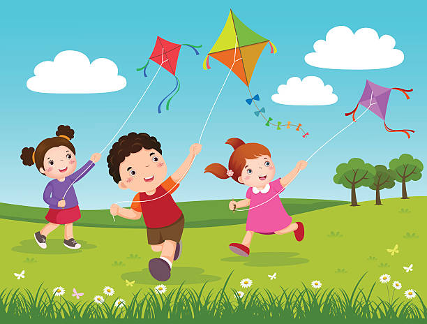 Three kids flying kites in the park vector art illustration
