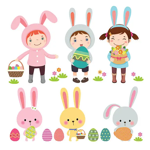 Vector illustration of Set of characters and icons on the Easter theme