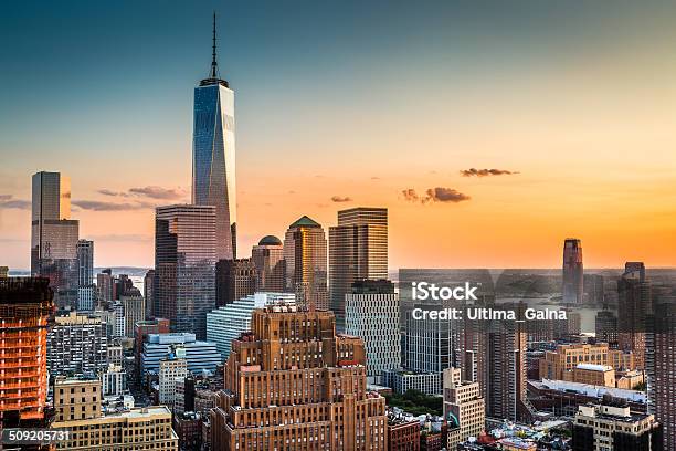 Lower Manhattan At Sunset Stock Photo - Download Image Now - New York City, New York State, Urban Skyline