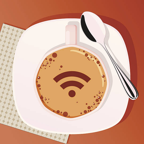 Cup of coffee with spoon Cup of coffee and spoon with picture of wi-fi (internet) clotted cream stock illustrations