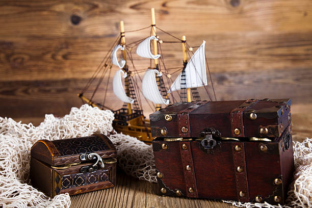 istock pirate ship, chest of gold, compas 509207873