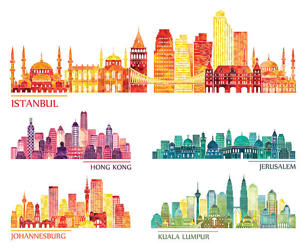 стамбул, гонконг, иерусалим, йоханнесбург, куала-лумпур линию горизонта. векторная иллюстрация - skyline earth silhouette city stock illustrations