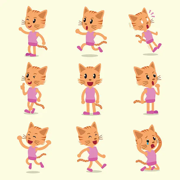 Vector illustration of Cartoon cat character poses on yellow background