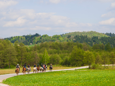 Group of men and women horseback riding through the field to the top of the hill, near small town of Rob, Slovenia.