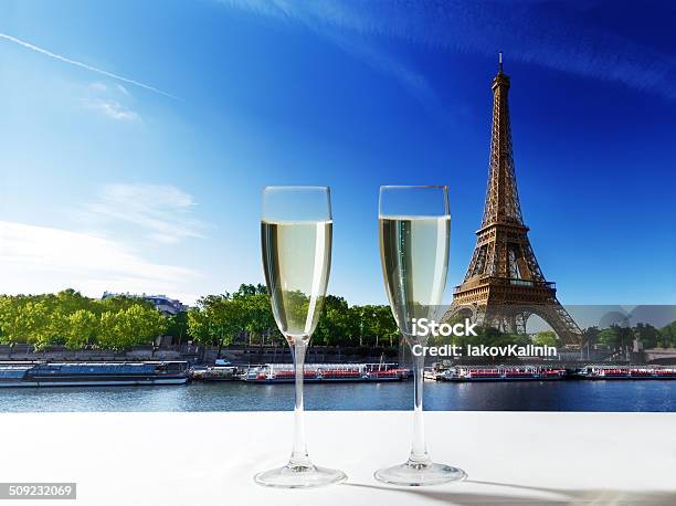 Champaign Glasses And Eiffel Tower In Paris Stock Photo - Download Image Now - Eiffel Tower - Paris, Champagne Flute, Wine