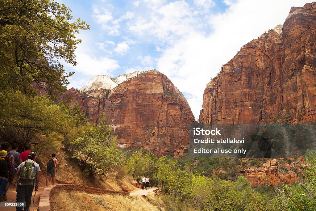 Hikers in Zion National Park, Utah Springdale, Utah, USA - August 11, 2014: Hikers exploring one of the trails in Zion National Park. The park in located in Southern Utah and offers breathtaking views of cliffs and canyons landscapes. Active Lifestyle Stock Photo