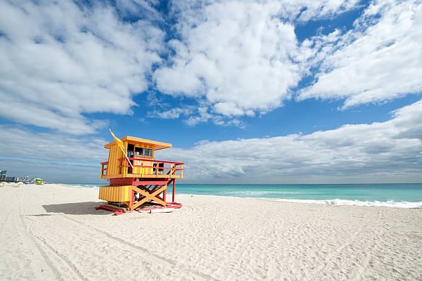 istock Yellow safeguard cabin on empty beach 509233676