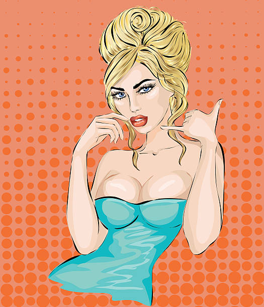 Sexy pop art woman portrait with call me hand gesture Sexy pop art woman portrait with call me hand gesture. Pin-up hand drawn vector illustration background fine art portrait pin up girl glamour beauty stock illustrations