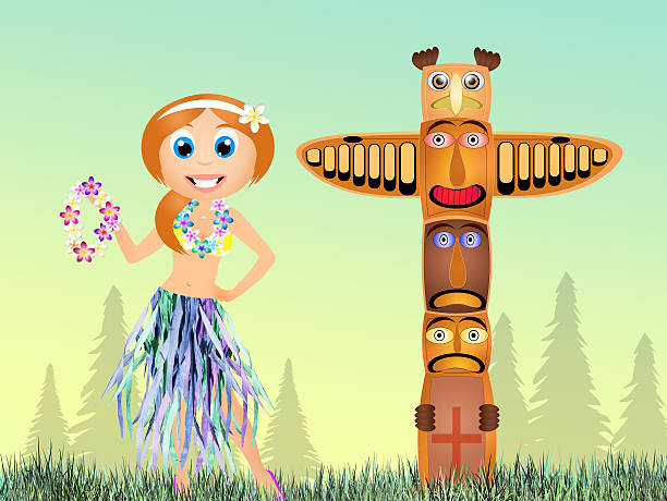 ilustrações de stock, clip art, desenhos animados e ícones de menina havaiana e totem - native american statue wood carving