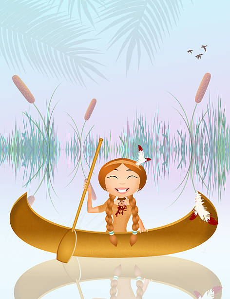 ilustrações de stock, clip art, desenhos animados e ícones de menina indiana na canoa - native american statue wood carving