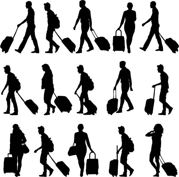 실루엣 트레블러스, 여행 가방 - tourist travel people traveling silhouette stock illustrations