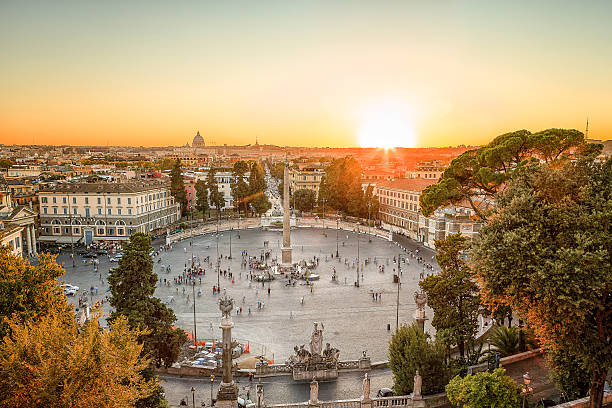 People's Square at sunset Rome famous piazza del popolo at sunset with the obelisco flaminio in the center and the saint peter's basilica in the background hypertext transfer protocol photos stock pictures, royalty-free photos & images