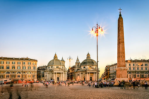 Rome piazza del Popolo with the flaminio obelsico in the foreground and the santa Maria churches in the background