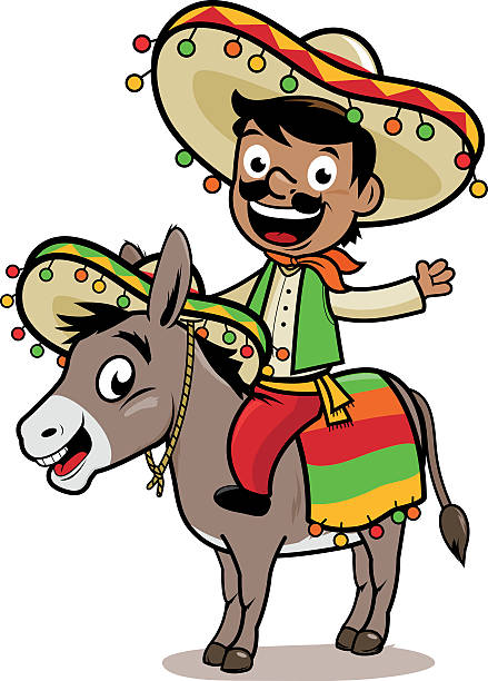 Mexican man riding a donkey Vector illustration of a cartoon Mexican man wearing a traditional costume and sombrero riding a donkey mexican mule stock illustrations