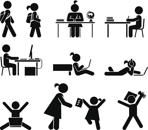 szkoła dni.  piktogram zestaw ikon.  dzieci w szkole. - silhouette student school learning stock illustrations