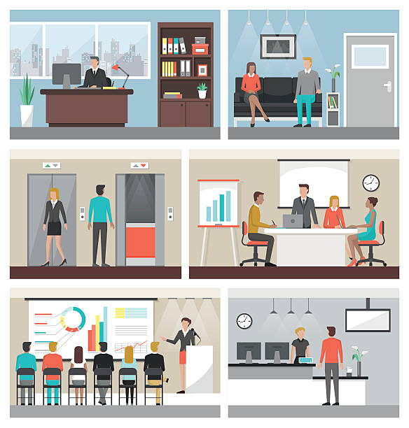 Business people at work Business people working in the office and corporate building, conference room, reception, waiting room and elevators setting stock illustrations