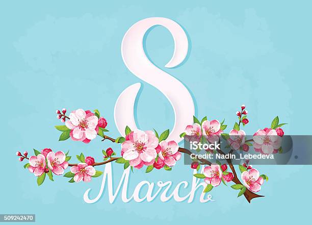 Sakura On The Branch Mothers Day White Number 8 Stock Illustration - Download Image Now