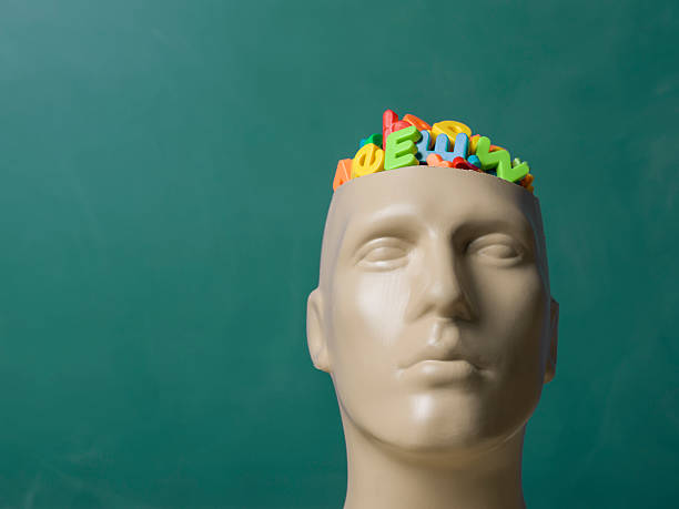 istock Letters in plastic mannequin head over green chlakboard 509244500