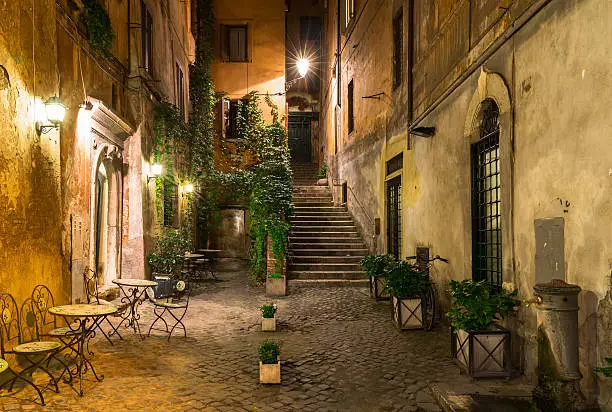 Night view of old street in Rome, Italy