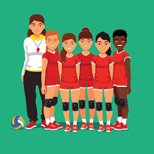 School women volleyball team School women volleyball team. Girls standing with their coach. Flat style vector illustration isolated on green background. athletic trainer stock illustrations