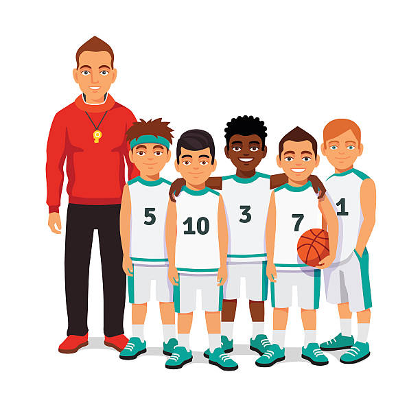 drużyna w koszykówce szkoły chłopców z trenerem - child basketball uniform sports uniform stock illustrations