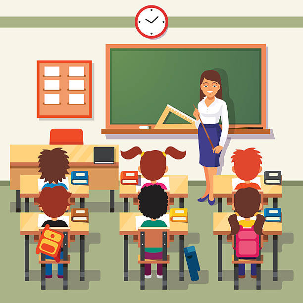 School lesson. Little students and teacher School lesson. Little students and teacher. Classroom with green chalkboard, teachers desk, pupils tables and chairs. Flat style cartoon vector illustration. classroom stock illustrations