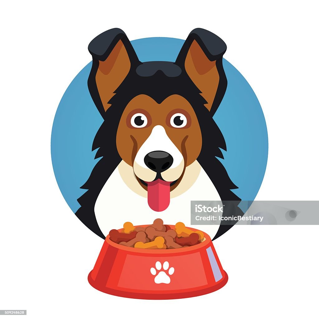 Dog pet face with red bowl full of food Dog pet face with red bowl full of food. Flat style vector illustration isolated on white background. Cartoon stock vector