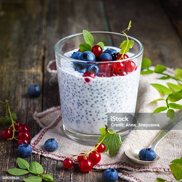 Natural Yogurt With Chia Seeds And Fresh Berries Stock Photo - Download Image Now - Antioxidant, Berry, Berry Fruit