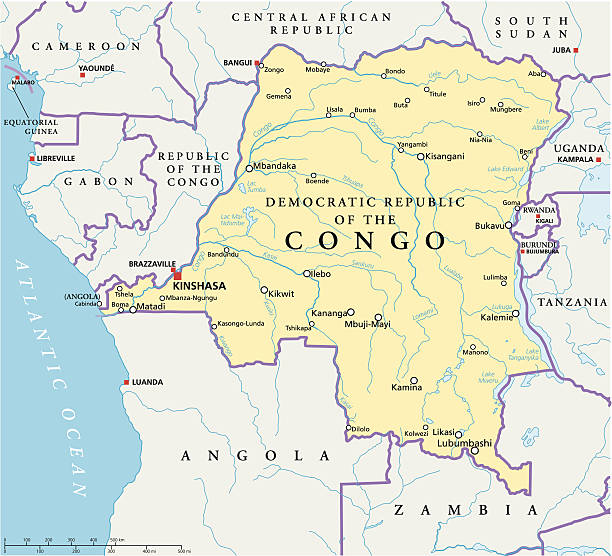 Congo Democratic Republic Political Map Congo Democratic Republic Political Map with capital Kinshasa, national borders, most important cities, rivers and lakes. Illustration with English labeling and scaling. burundi east africa stock illustrations