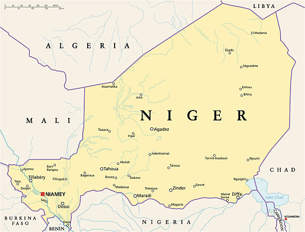 Niger Political Map Niger Political Map with capital Niamey, national borders, most important cities, rivers and lakes. Illustration with English labeling and scaling. niger stock illustrations