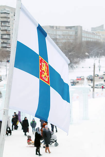 istock Flag of Finland on wind at winter cloudy day 509253670